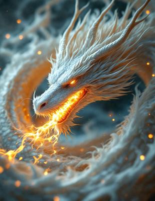 The primary subject of the image is a white dragon with a fiery mouth, creating an intense and dramatic scene. The dragon is surrounded by a dark background, which contrasts with its bright, white color. The visual style of the image is digital art, as it appears to be a computer-generated or digitally rendered illustration. The dominant colors in the image are white and orange, with the white dragon and the orange flames creating a striking contrast against the dark background. The overall atmosphere of the image is inten